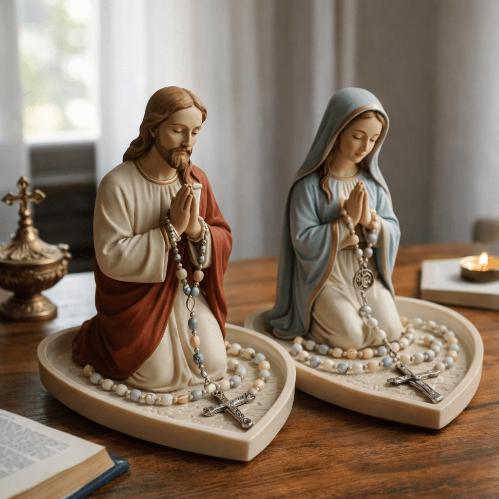 Resin Art Tray - Estátua de Jesus e Virgem Maria